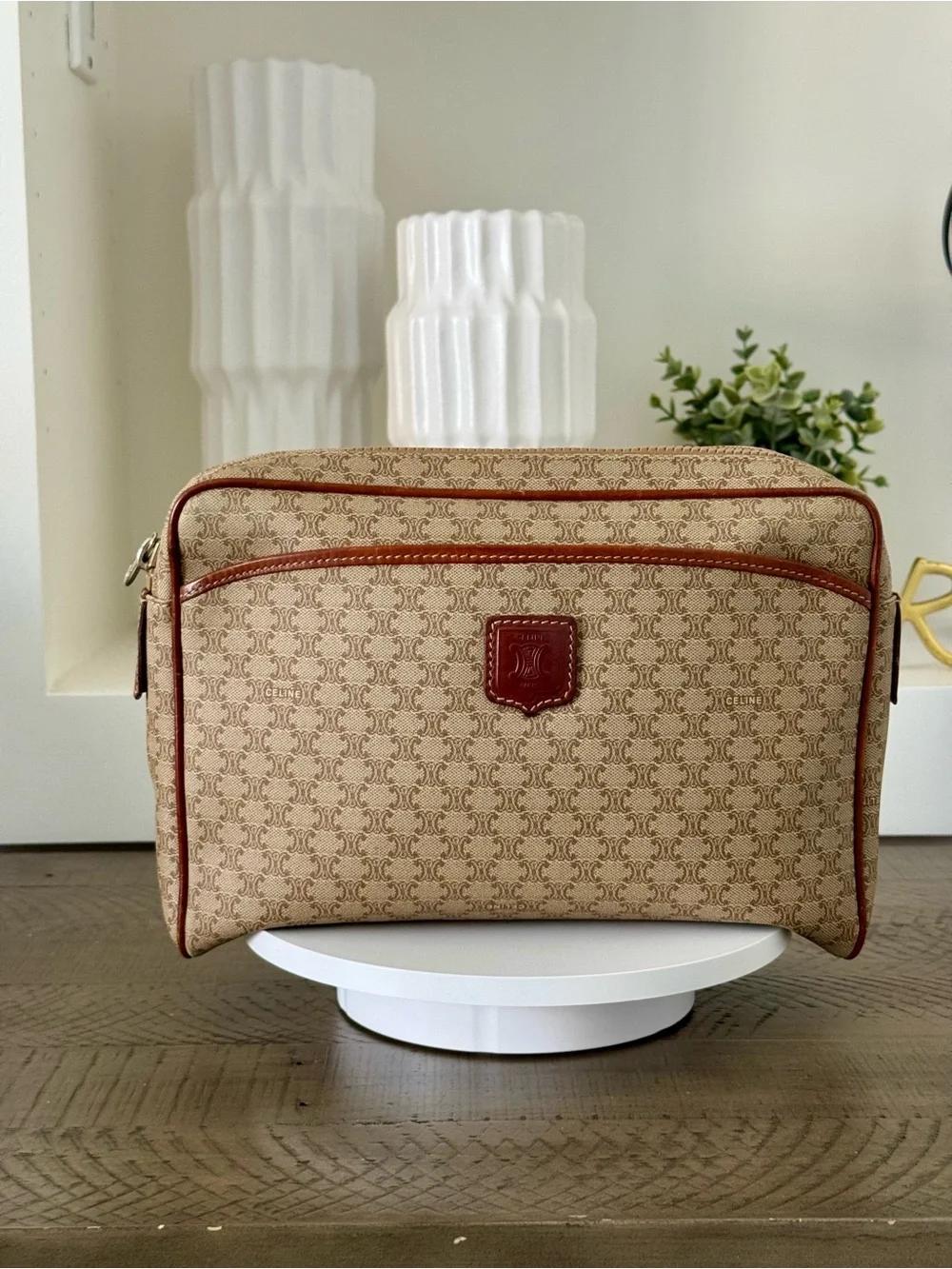 Celine Macadam Monogram Travel Pouch Cosmetic Case Clutch Beige Brown-Vintage